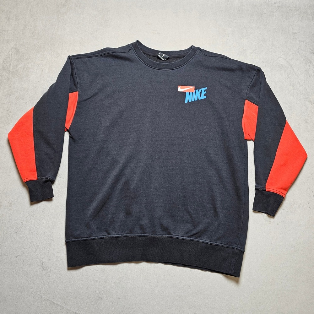 Nike Dri fit Men Colorblock Crewneck Sweatshirt Black Blue Graphic Pullover M